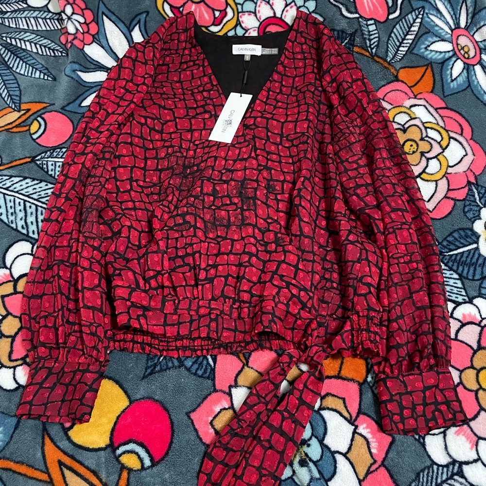 Calvin Klein Blouse, New with Tags, Medium, Red and Black Top, Tie at the bottom